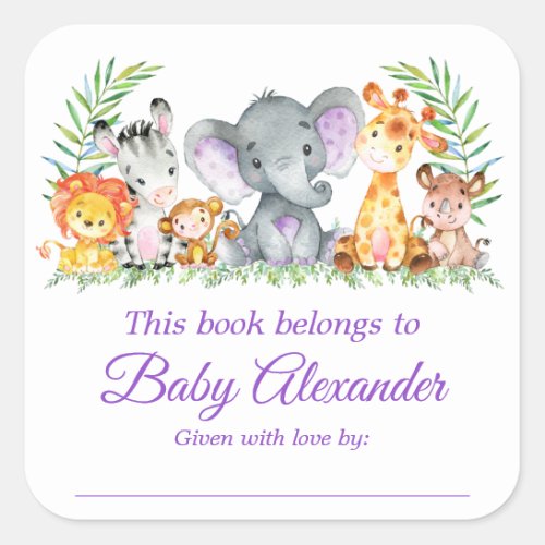 Safari Animals Baby Shower Purple Bookplate Labels