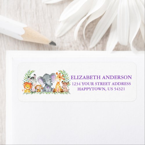 Safari Animals Baby Shower Purple Return Address Label