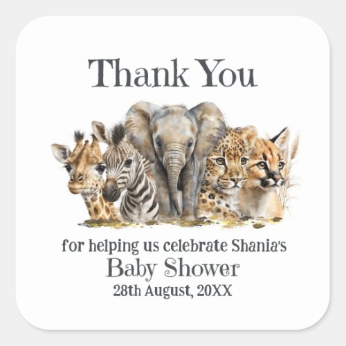 Safari Animals Baby Shower Thank You Square Sticker