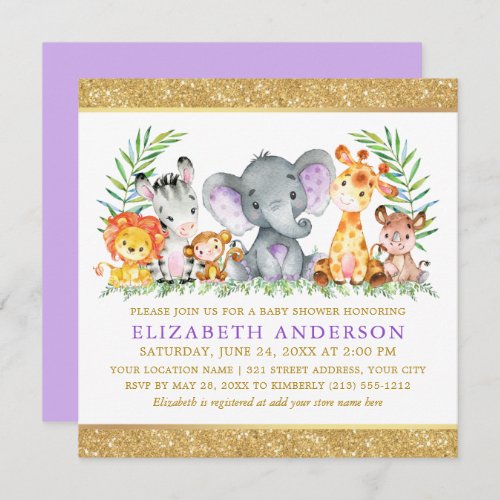 Safari Animals Baby Shower Violet Gold Glitter Sq Invitation