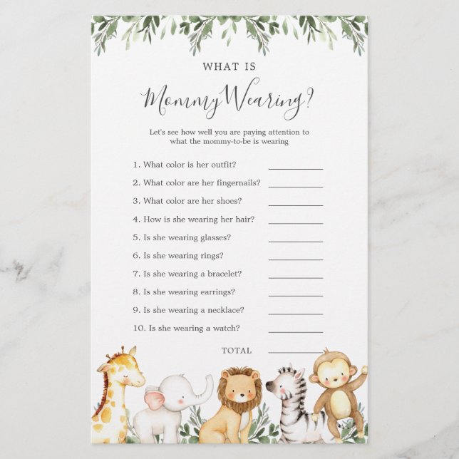 Safari Animals Baby Shower What is Mommy Wearing (Front)