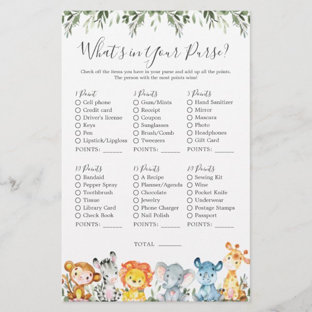 Safari Animals Baby Shower What's in Your Purse (Front)