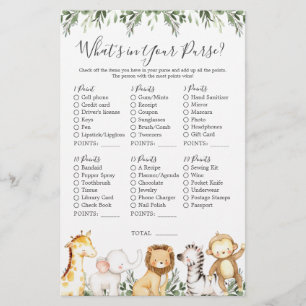 Safari Animals Baby Shower What's in Your Purse