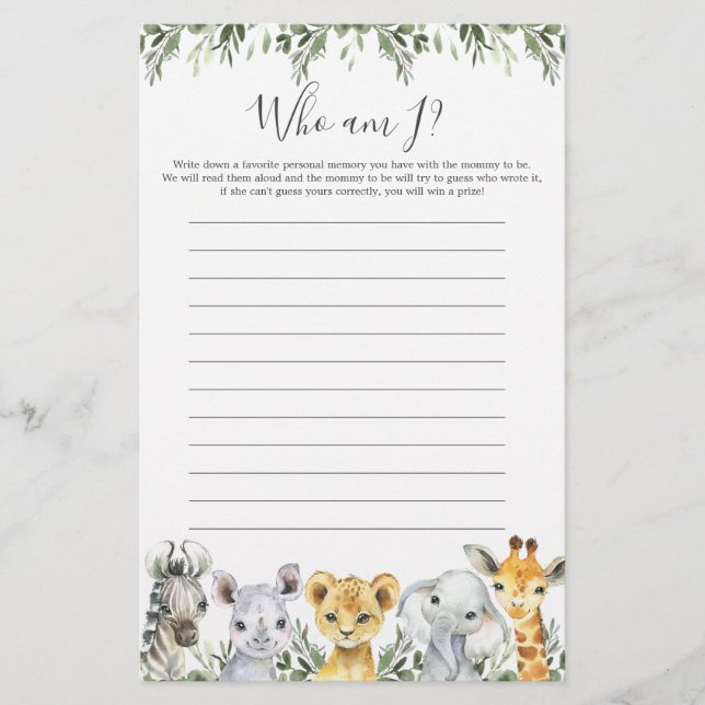 Safari Animals Baby Shower Who Am I Game (Front)