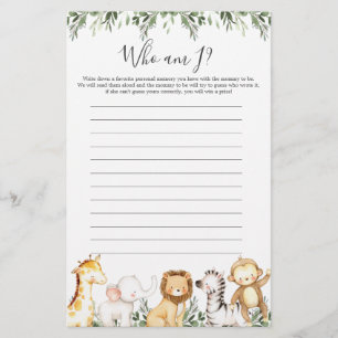 Safari Animals Baby Shower Who Am I Game