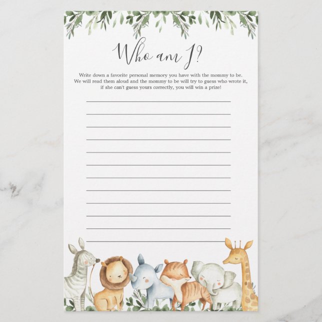 Safari Animals Baby Shower Who Am I Game (Front)