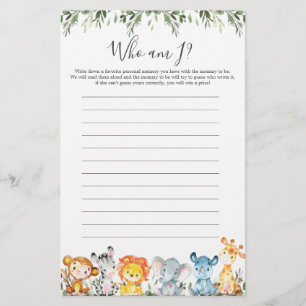 Safari Animals Baby Shower Who Am I Game