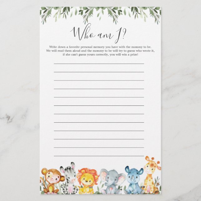 Safari Animals Baby Shower Who Am I Game (Front)