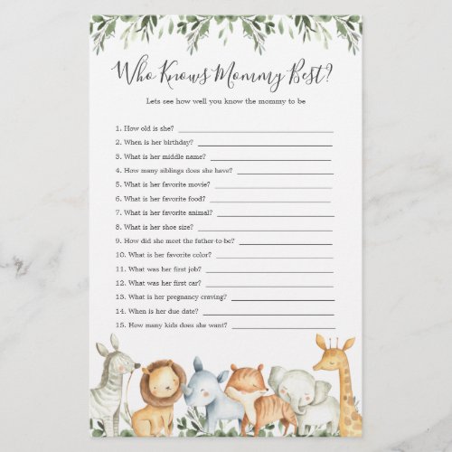 Safari Animals Baby Shower Who Knows Mommy Best