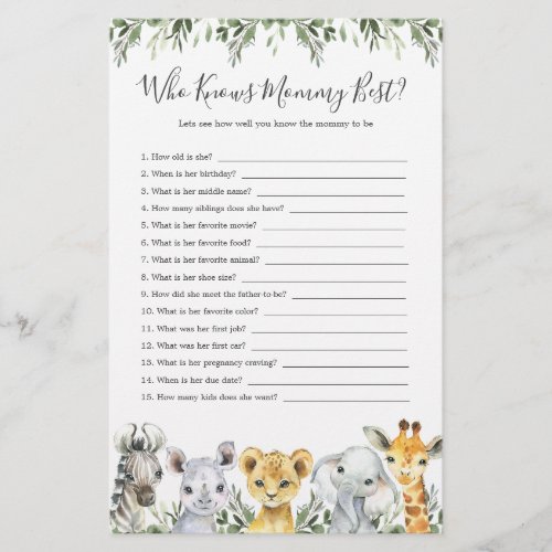 Safari Animals Baby Shower Who Knows Mommy Best