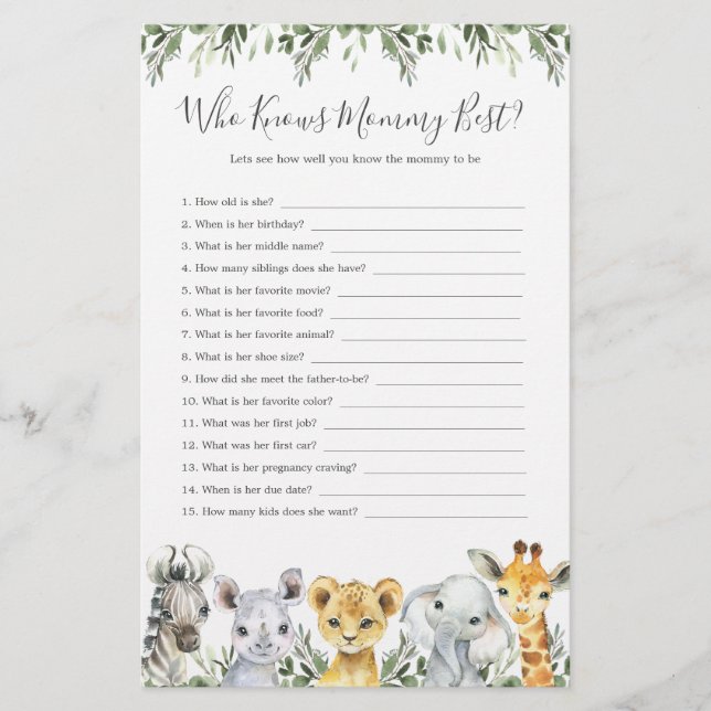 Safari Animals Baby Shower Who Knows Mommy Best (Front)