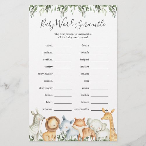 Safari Animals Baby Shower Word Scramble Game