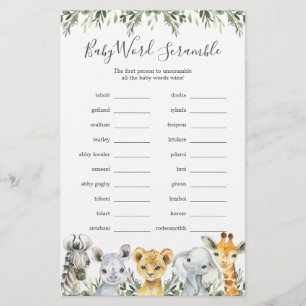 Safari Animals Baby Shower Word Scramble Game