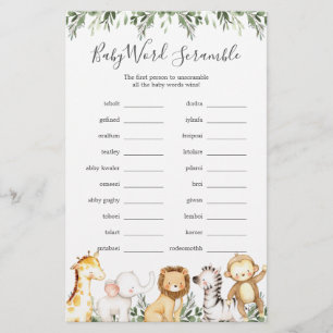 Safari Animals Baby Shower Word Scramble Game