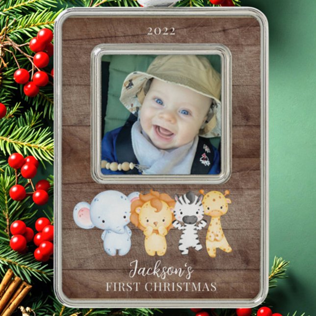 Safari Animals Baby's First Christmas Photo Christ Christmas Ornament (Creator Uploaded)