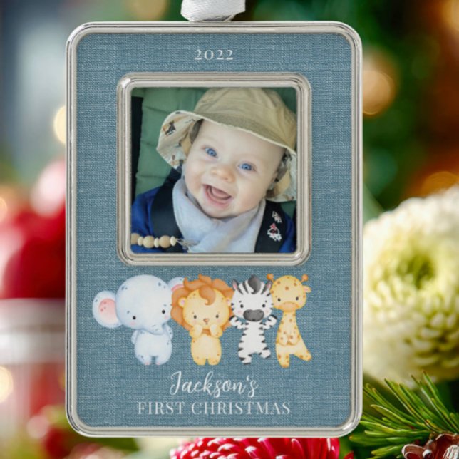 Safari Animals Baby's First Christmas Photo Christmas Ornament (Creator Uploaded)