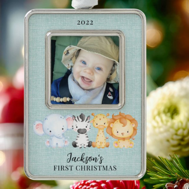 Safari Animals Baby's First Christmas Photo Christmas Ornament (Creator Uploaded)