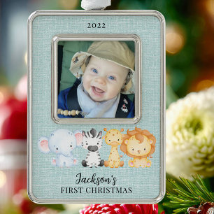 Safari Animals Baby's First Christmas Photo Ornament