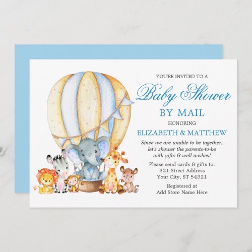 Safari Animals Balloon Blue Baby Shower by Mail Invitation