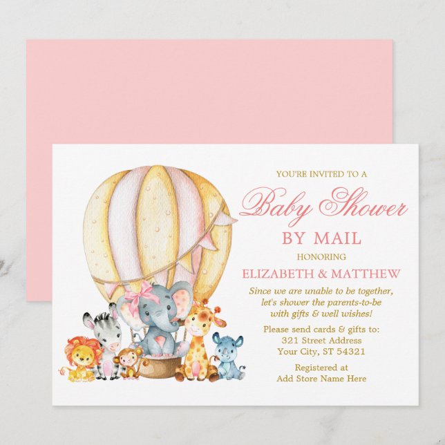Safari Animals Balloon Pink Bow Shower by Mail Invitation (Front/Back)