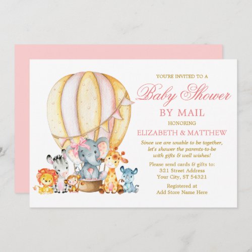 Safari Animals Balloon Pink Bow Shower by Mail Invitation