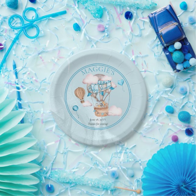 Safari Animals Balloons Blue Boy Baby Shower  Paper Plates (Party)
