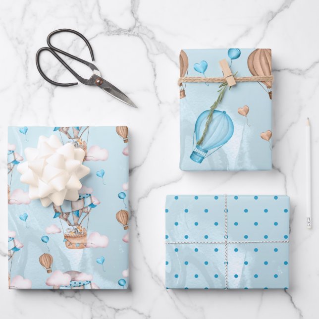 Safari Animals Balloons Blue Boy Baby Shower Wrapping Paper Sheets (Front)