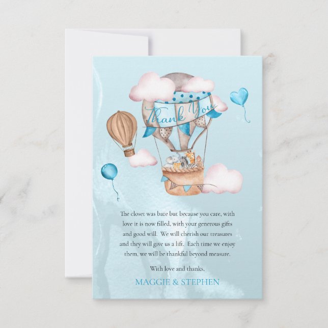 Safari Animals Balloons Boy Baby Shower Thank You Card (Front)