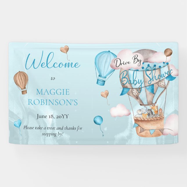 Safari Animals Balloons Drive By Boy Baby Shower  Banner (Horizontal)