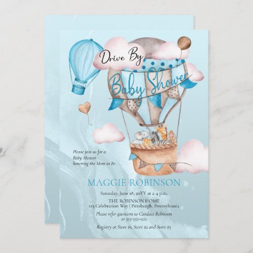 Safari Animals Balloons Drive By Boy Baby Shower   Invitation