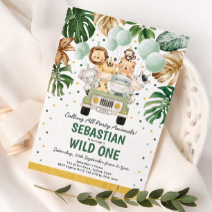 Safari Animals Balloons Wild One Birthday Party Foil Invitation