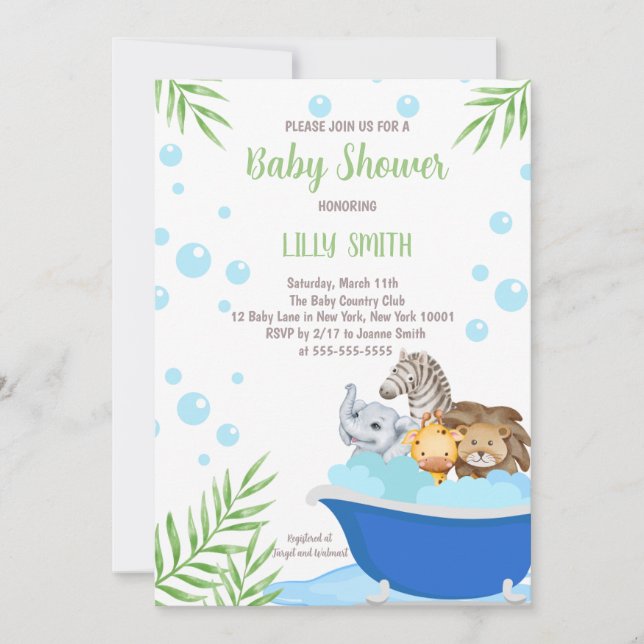 Safari Animals Bath Time Baby Shower Invitation (Front)