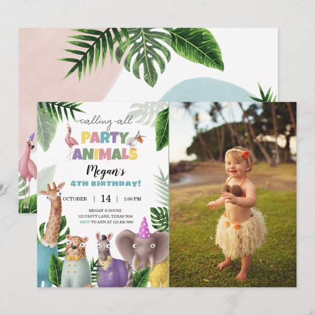 Safari Animals Birthday Invitation With Photo (Front/Back)