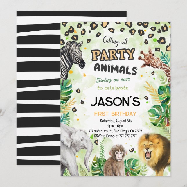 Safari Animals Birthday Party Invitation (Front/Back)