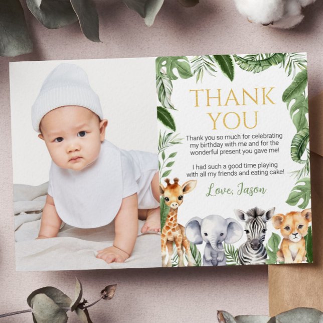 Safari Animals Birthday Photo Thank You Card (Creator Uploaded)