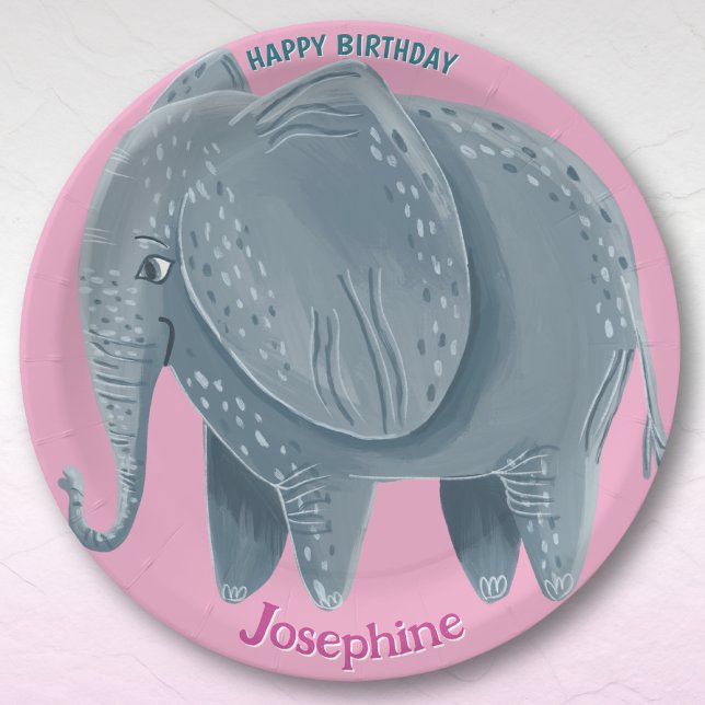 Safari animals birthday watercolor elephant girl paper plates (Creator Uploaded)