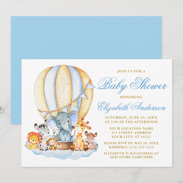 Safari Animals Blue Air Balloon Clouds Baby Shower Invitation (Front/Back)