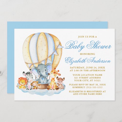 Safari Animals Blue Air Balloon Clouds Baby Shower Invitation