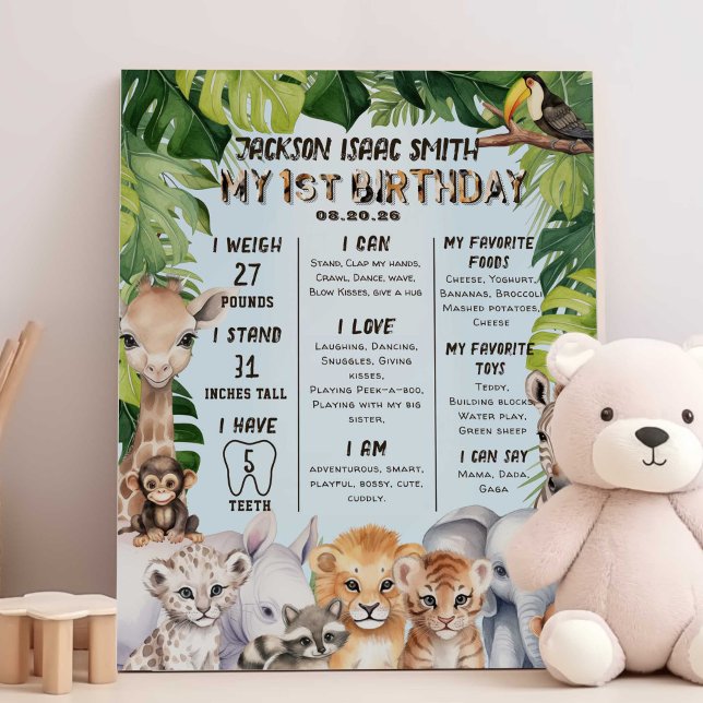 Safari Animals Blue Baby 1st Milestone Wild One Foam Board (Blue boy 1st birthday safari animals themed milestone poster board nursery wall art.)