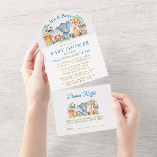 Safari Animals Blue Baby Shower and Raffle Gold All In One Invitation