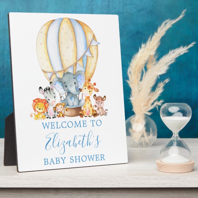 Safari Animals Blue Balloon Baby Shower Welcome Plaque (Side)