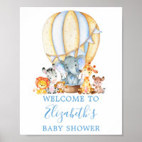 Safari Animals Blue Balloon Baby Shower Welcome Poster