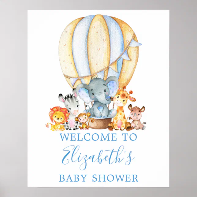 Safari Animals Blue Balloon Baby Shower Welcome Poster 