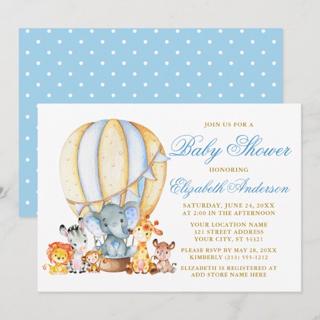 Safari Animals Blue Balloon Dots Baby Shower Invitation (Front/Back)