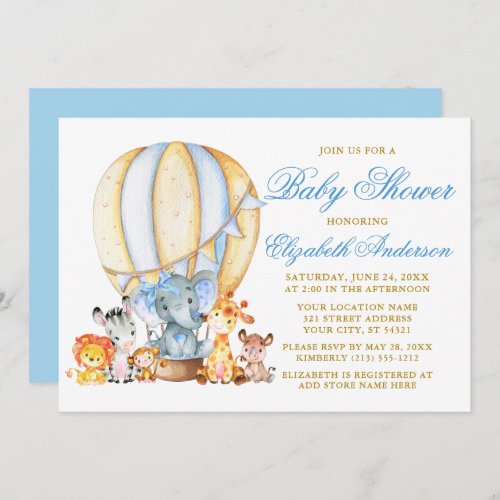 Safari Animals Blue Bow Air Balloon Baby Shower Invitation