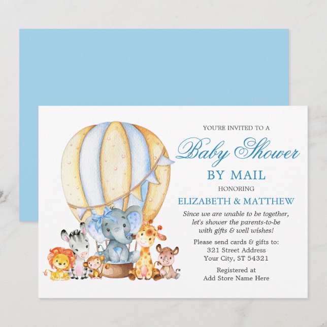 Safari Animals Blue Bow Balloon Shower by Mail Invitation (Front/Back)