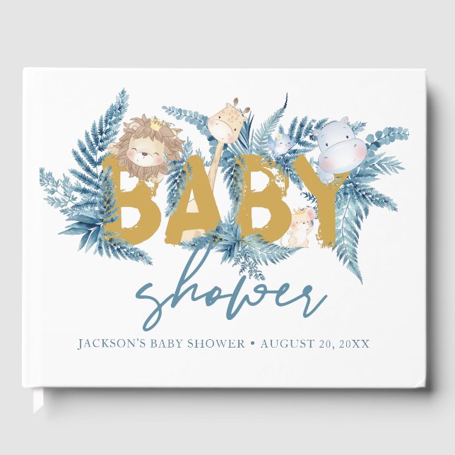 Safari Animals Blue Boy Baby Shower Guest Book (Front)