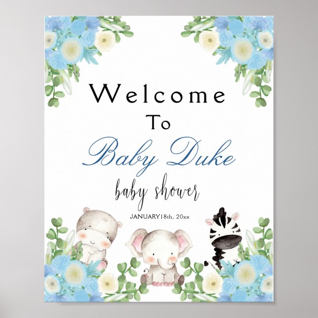 safari animals Blue Boy Baby Shower Welcome Poster (Front)
