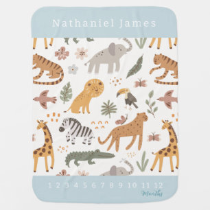Safari Animals Blue Boy Milestone Baby Blanket