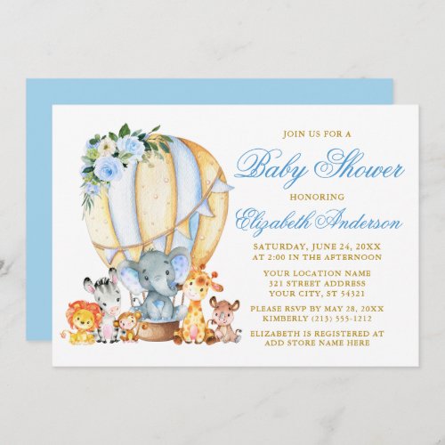 Safari Animals Blue Floral Air Balloon Baby Shower Invitation